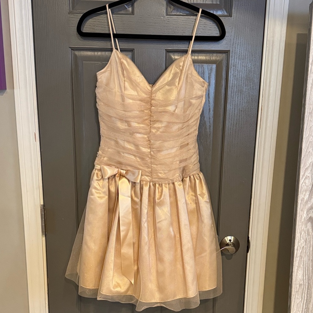 Jessica McClintock Champagne Satin Spaghetti-Strap Party Dress